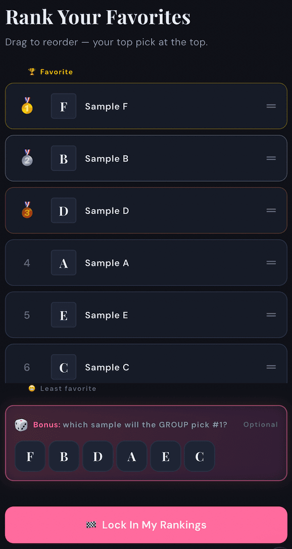 Rank Your Favorites drag-to-reorder screen with medal icons