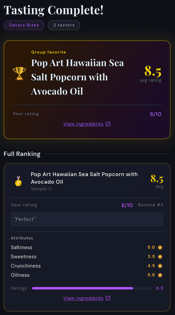 Tasting Complete results screen with group favorite and full ranking
