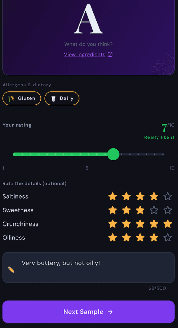 Sample A tasting screen with rating slider and star attributes
